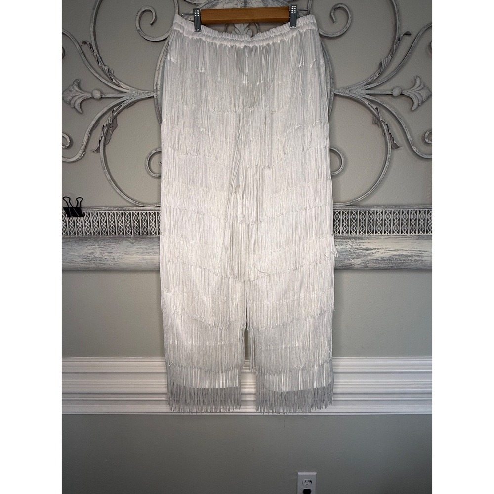 Ashro White Fringe 2 Piece Pant Set Mesh Top Wide Leg Pants Style Womens Size M - Picture 7 of 16
